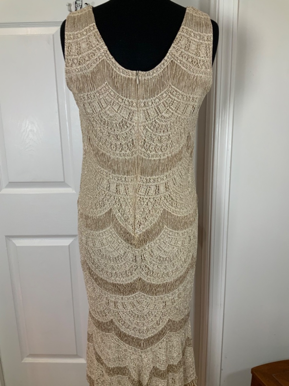 Lillie Rubin Champagne Gold Embroidered Lace Midi Dress Art Deco Glam Medium - Picture 7 of 11